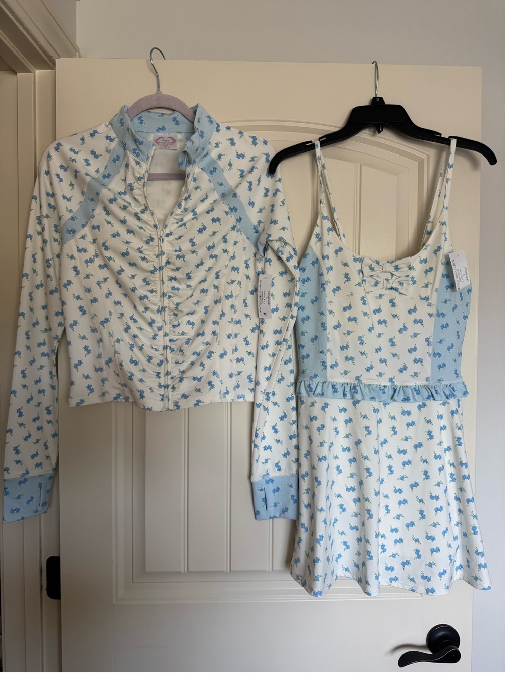 Blue Floral Ruffle Athletic Dress & Zip Jacket Set